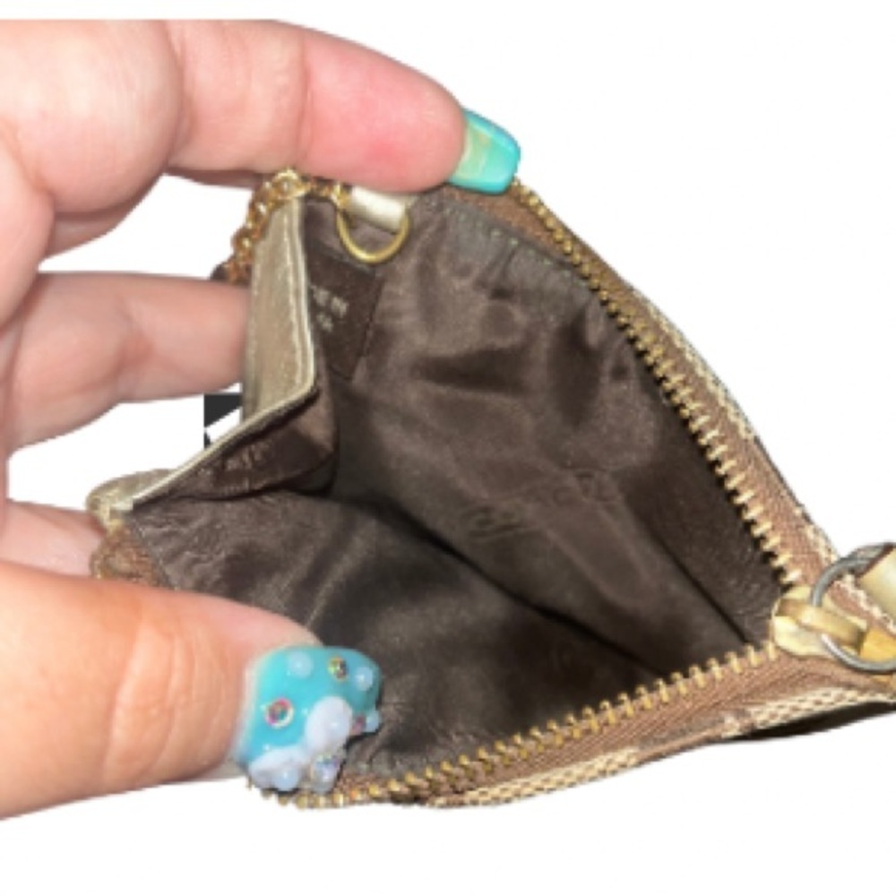 Coach “C” Signature Brown Small Change Purse Wallet Gold Leather Logo & Chain - Picture 2 of 7